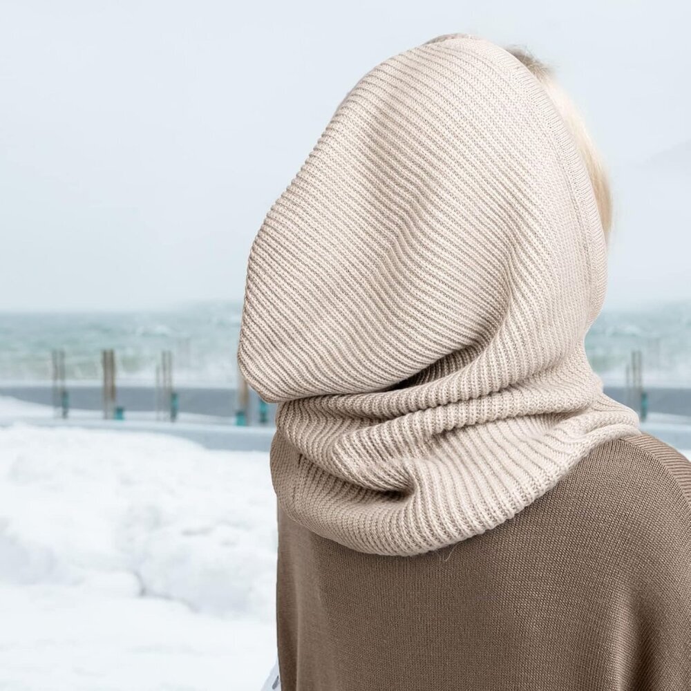 Women Scarf Hat Balaclava Beanie Skull Cap with Drawstring Warm Hat Beige - Picture 5 of 7